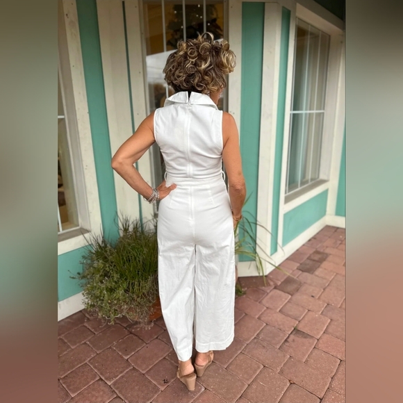 Elegant White Sleeveless Faux Wrap Wide Leg Jumpsuit - Picture 3 of 9